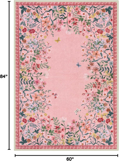 5x7 Washable Area Rug, Pink Floral Rug for Living Room, Cute Boho Rug for Girls Bedroom, Non Slip Soft Nursery Carpet, Farmhouse Kids Room Decor (5x7 Pink)