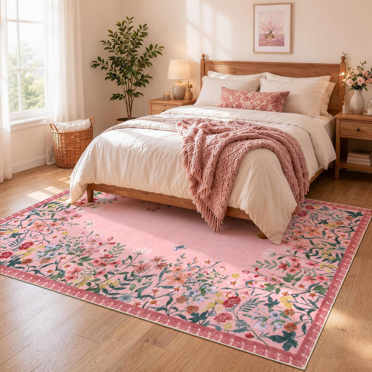 5x7 Washable Area Rug, Pink Floral Rug for Living Room, Cute Boho Rug for Girls Bedroom, Non Slip Soft Nursery Carpet, Farmhouse Kids Room Decor (5x7 Pink)