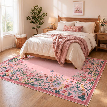 5x7 Washable Area Rug, Pink Floral Rug for Living Room, Cute Boho Rug for Girls Bedroom, Non Slip Soft Nursery Carpet, Farmhouse Kids Room Decor (5x7 Pink)