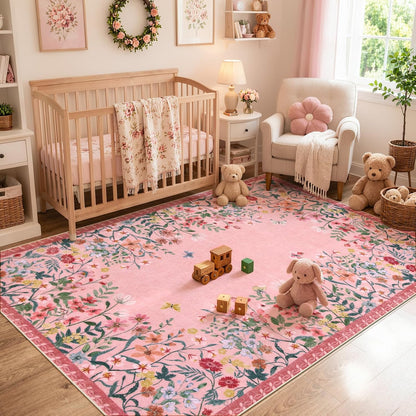 5x7 Washable Area Rug, Pink Floral Rug for Living Room, Cute Boho Rug for Girls Bedroom, Non Slip Soft Nursery Carpet, Farmhouse Kids Room Decor (5x7 Pink)