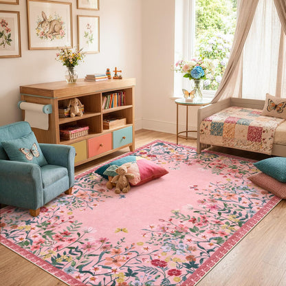 5x7 Washable Area Rug, Pink Floral Rug for Living Room, Cute Boho Rug for Girls Bedroom, Non Slip Soft Nursery Carpet, Farmhouse Kids Room Decor (5x7 Pink)