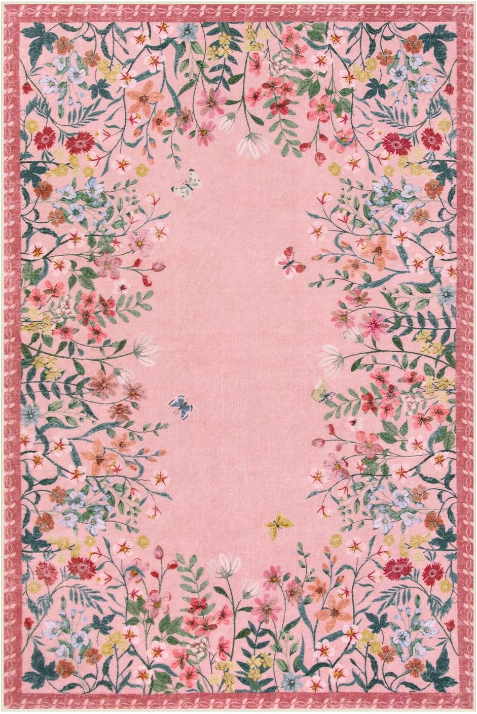 5x7 Washable Area Rug, Pink Floral Rug for Living Room, Cute Boho Rug for Girls Bedroom, Non Slip Soft Nursery Carpet, Farmhouse Kids Room Decor (5x7 Pink)