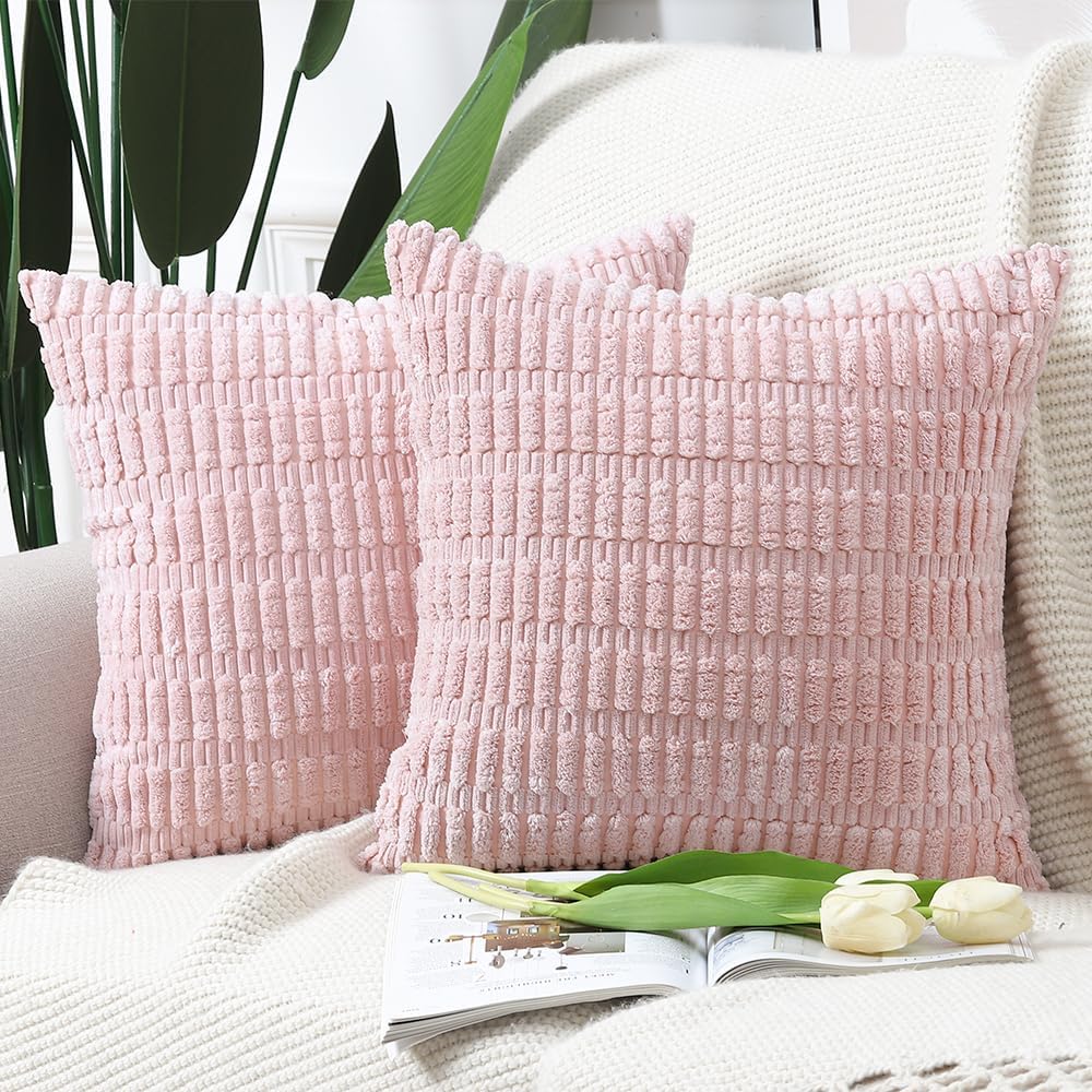 Pack of 2 Boho Striped Corduroy Throw Pillow Covers 20x20 Inch Light Pink Soft Decorative Cushion Cover for Sofa Bedroom Pillow Shell