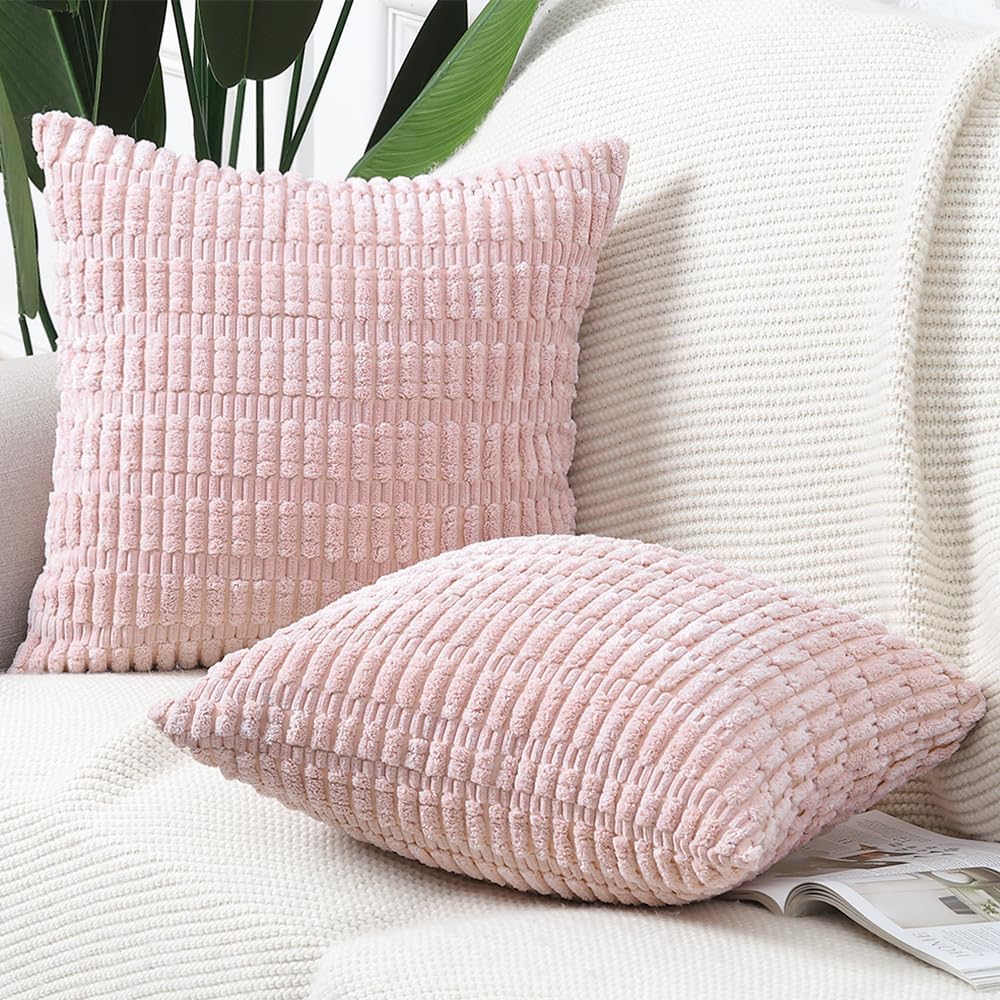 Pack of 2 Boho Striped Corduroy Throw Pillow Covers 20x20 Inch Light Pink Soft Decorative Cushion Cover for Sofa Bedroom Pillow Shell