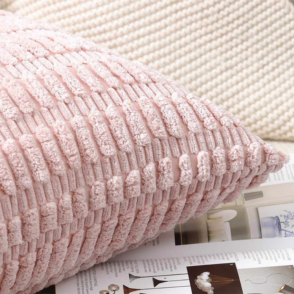 Pack of 2 Boho Striped Corduroy Throw Pillow Covers 20x20 Inch Light Pink Soft Decorative Cushion Cover for Sofa Bedroom Pillow Shell