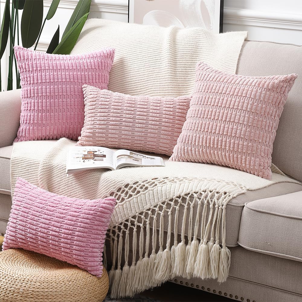 Pack of 2 Boho Striped Corduroy Throw Pillow Covers 20x20 Inch Light Pink Soft Decorative Cushion Cover for Sofa Bedroom Pillow Shell