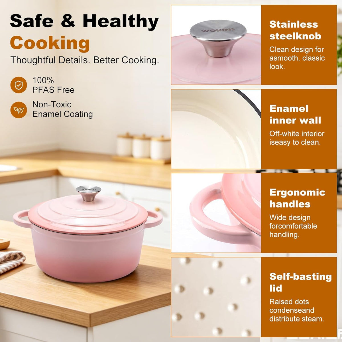 4-QT Enameled Cast Iron Round Dutch Oven With Lid,Oven safe,Pink