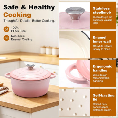 4-QT Enameled Cast Iron Round Dutch Oven With Lid,Oven safe,Pink