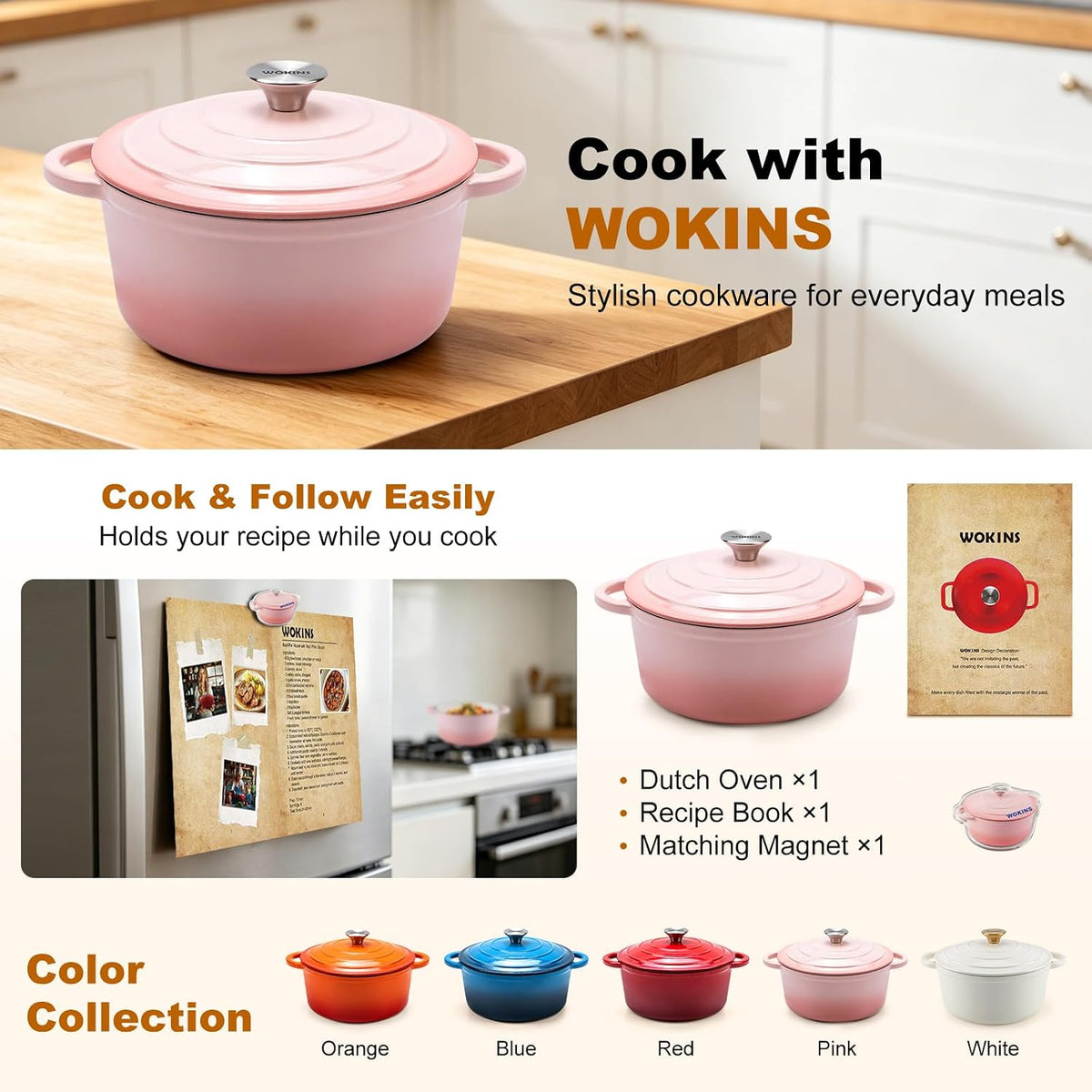 4-QT Enameled Cast Iron Round Dutch Oven With Lid,Oven safe,Pink