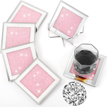 6 Pcs Crushed Diamond Glass Coaster Set with Holder,Pink