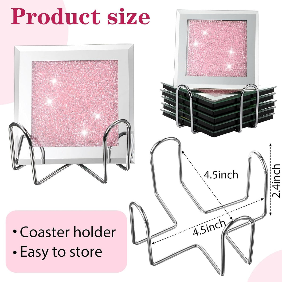 6 Pcs Crushed Diamond Glass Coaster Set with Holder,Pink
