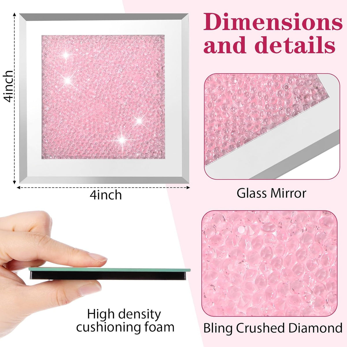 6 Pcs Crushed Diamond Glass Coaster Set with Holder,Pink