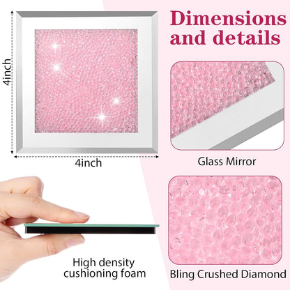 6 Pcs Crushed Diamond Glass Coaster Set with Holder,Pink