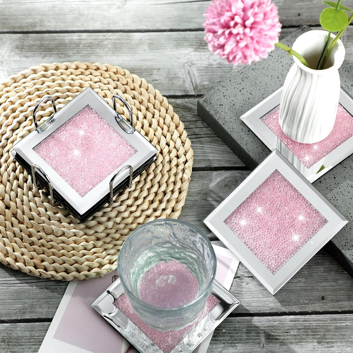 6 Pcs Crushed Diamond Glass Coaster Set with Holder,Pink