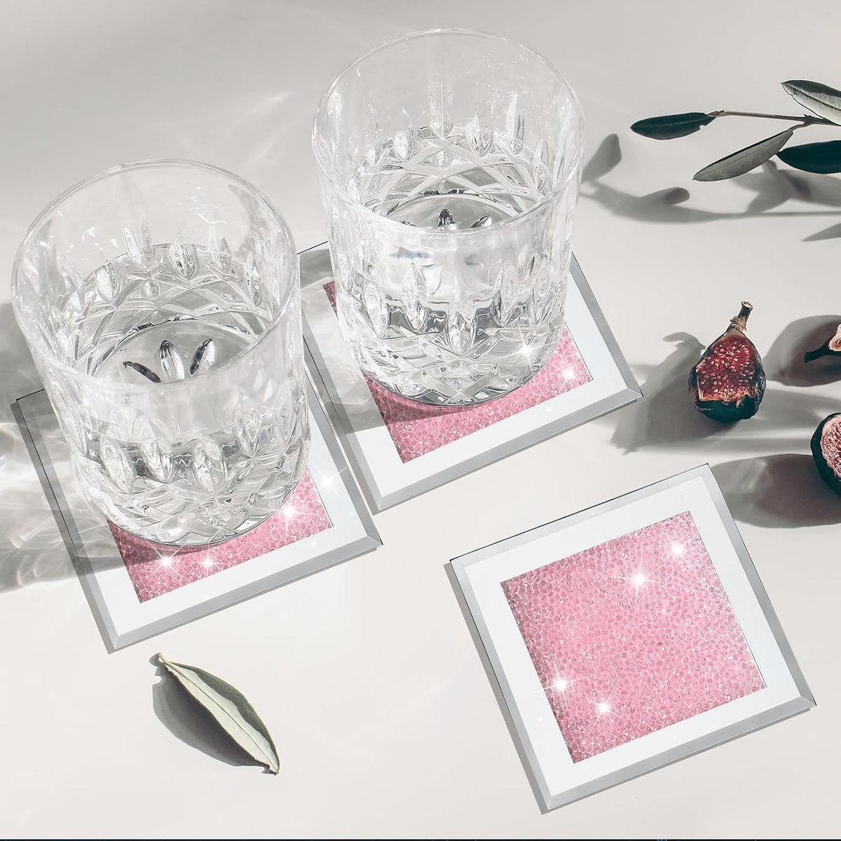 6 Pcs Crushed Diamond Glass Coaster Set with Holder,Pink