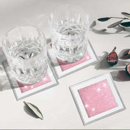 6 Pcs Crushed Diamond Glass Coaster Set with Holder,Pink
