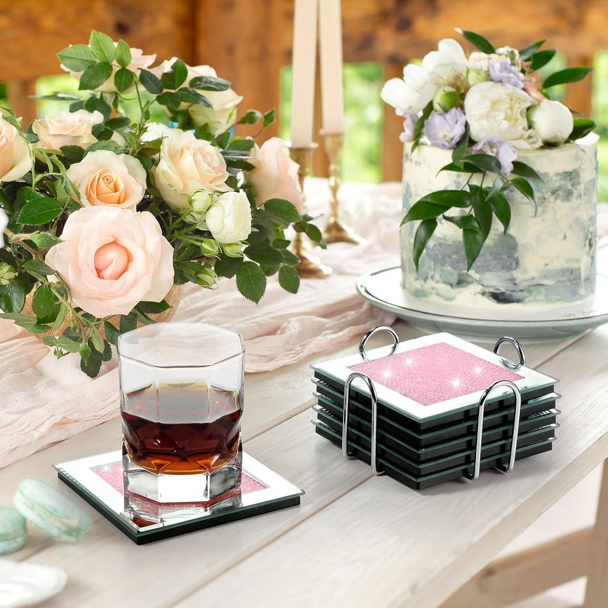 6 Pcs Crushed Diamond Glass Coaster Set with Holder,Pink