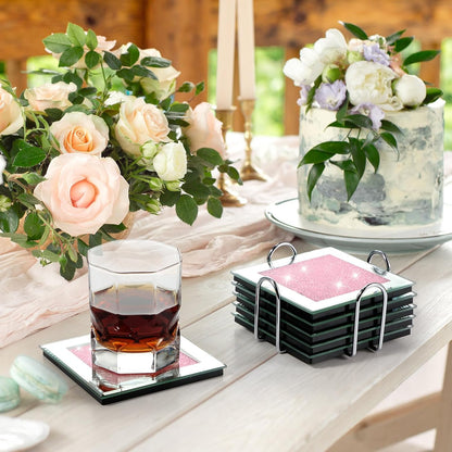 6 Pcs Crushed Diamond Glass Coaster Set with Holder,Pink