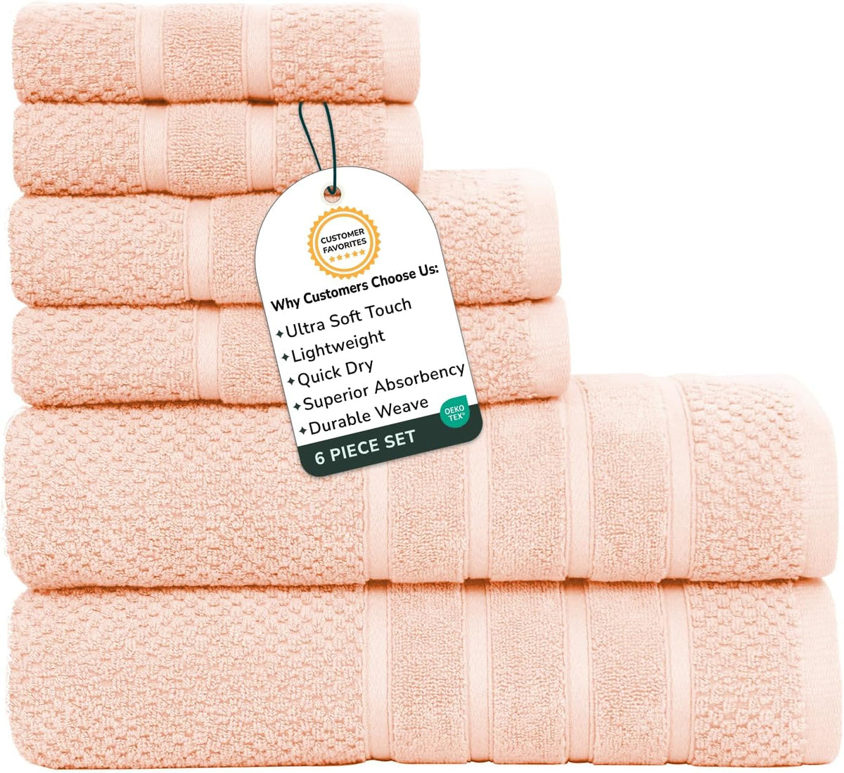 Feather & Stitch 100% Cotton 625 GSM Bath Towel Set of 6, Ultra Soft Highly Absorbent 2 Bath Towels, 2 Hand Towels & 2 Washcloth - Luxury Quick Dry Shower Towels (Pale Peach)