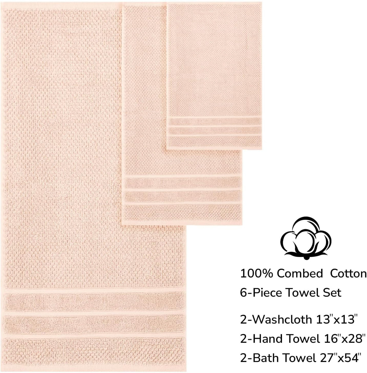 Feather & Stitch 100% Cotton 625 GSM Bath Towel Set of 6, Ultra Soft Highly Absorbent 2 Bath Towels, 2 Hand Towels & 2 Washcloth - Luxury Quick Dry Shower Towels (Pale Peach)