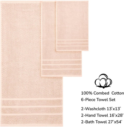 Feather & Stitch 100% Cotton 625 GSM Bath Towel Set of 6, Ultra Soft Highly Absorbent 2 Bath Towels, 2 Hand Towels & 2 Washcloth - Luxury Quick Dry Shower Towels (Pale Peach)