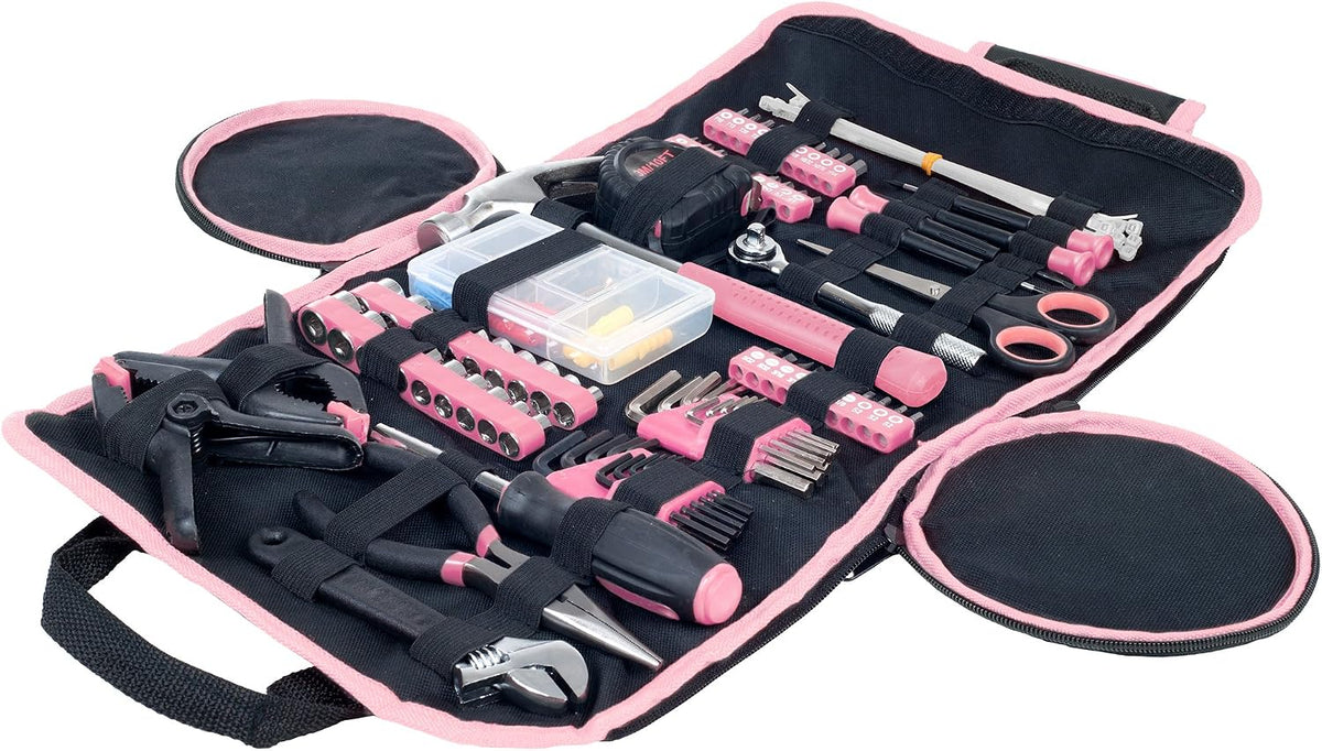 86-Piece Tool Set - Household Tool Kit with Screwdrivers, Pliers, Wrenches, Clamps, and Roll-Up Bag - For the Home, Office, or Car (Pink)