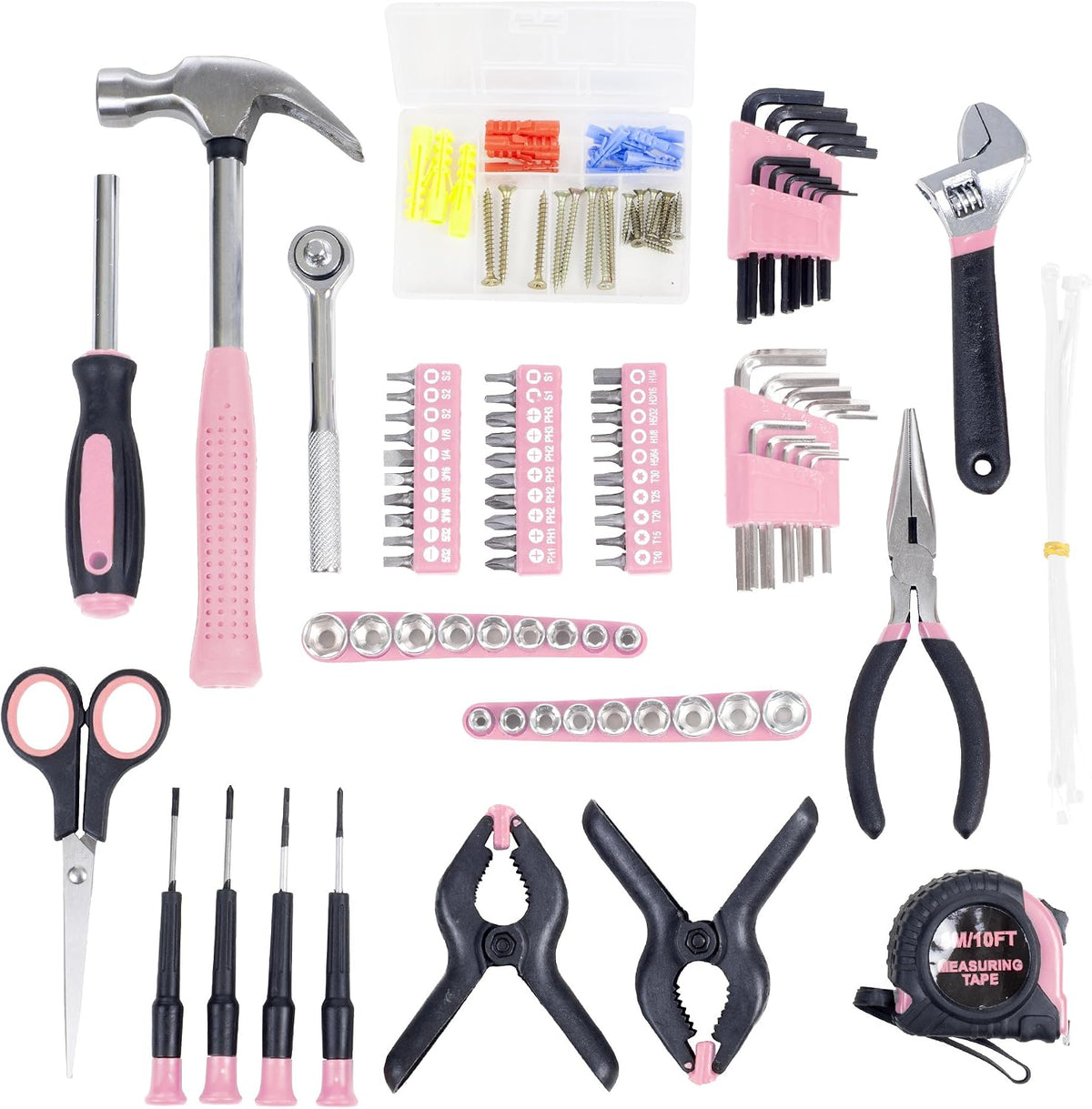 86-Piece Tool Set - Household Tool Kit with Screwdrivers, Pliers, Wrenches, Clamps, and Roll-Up Bag - For the Home, Office, or Car (Pink)