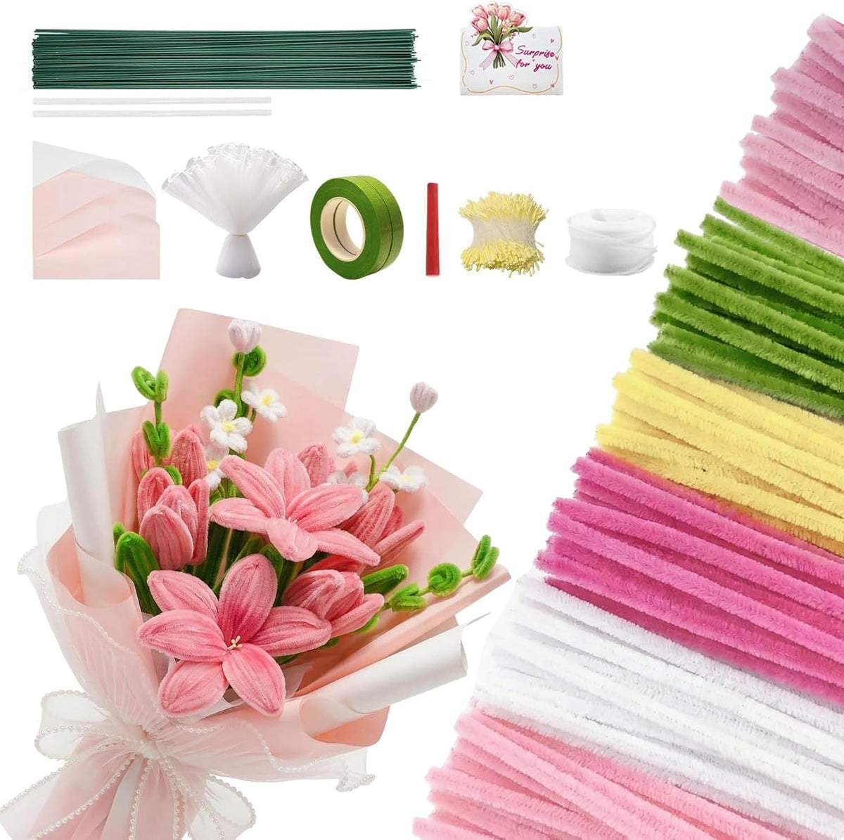 600 PCS Pipe Cleaners Craft, 6 Colors Pipe Cleaner Bulk Flower Kit, Chenille Stems Bulk with Floral Wires, Gardening Tape, Stamen, Wrapping Paper & Ribbon, DIY Art and Craft Supplies - Pink Gradient
