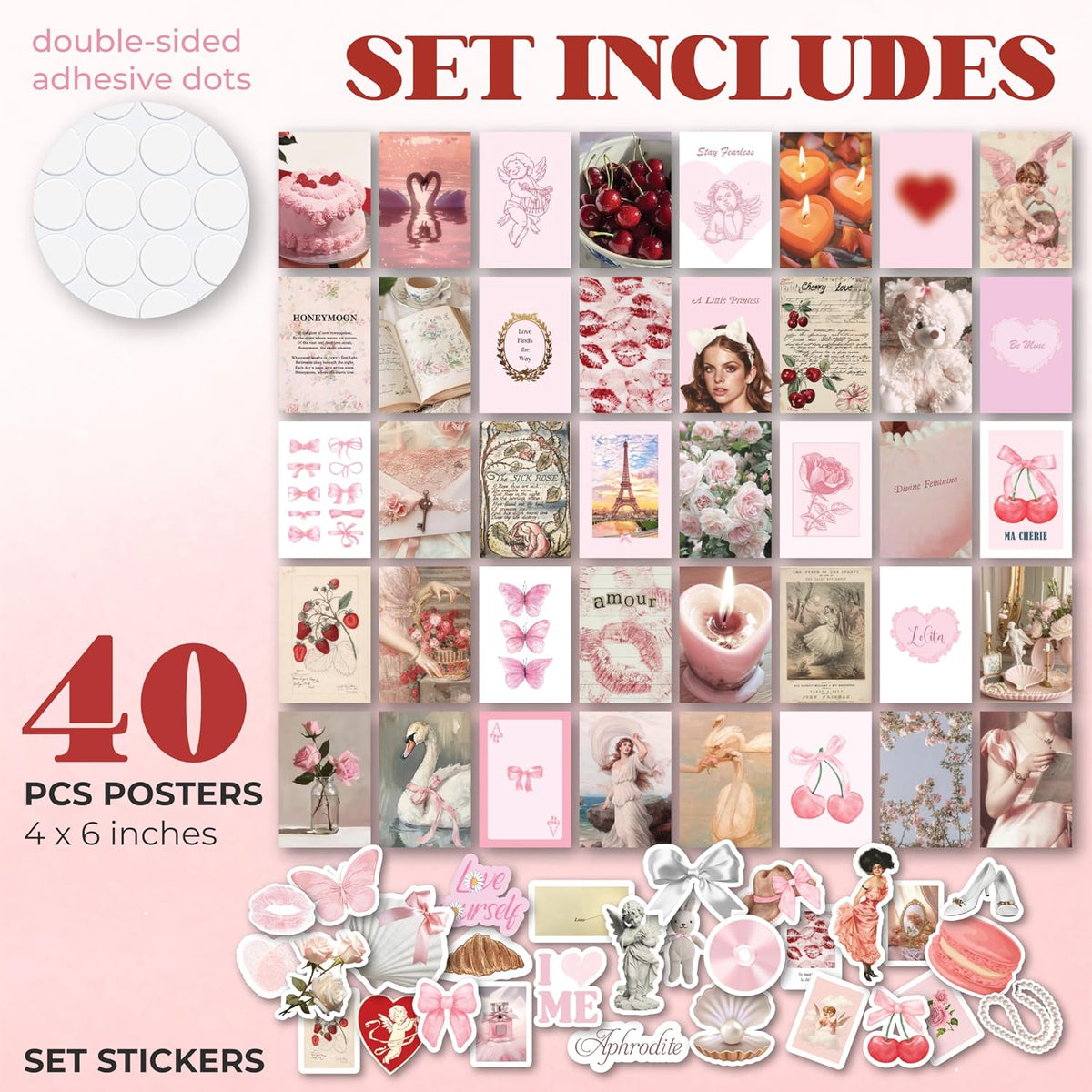Pink Coquette Wall Collage Kit, 40Pcs 4x6 Aesthetic Poster, Teen Room Decor