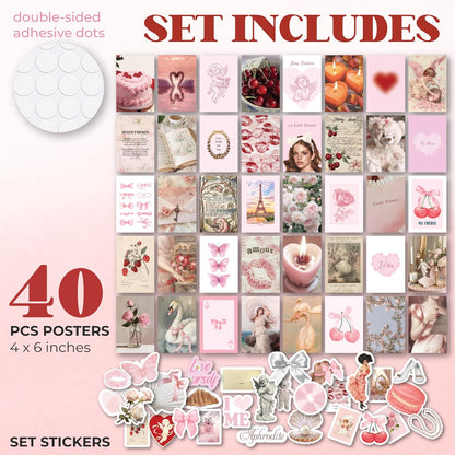 Pink Coquette Wall Collage Kit, 40Pcs 4x6 Aesthetic Poster, Teen Room Decor