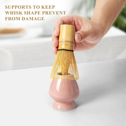 Matcha Whisk Set Pink, Matcha Making Kit Whisk (Chasen Holder), Ceramic Whisk Holder, Bamboo Scoop, Powder Starter Sifter, Spoon Japanese Tea Tools For Ceremony Gift