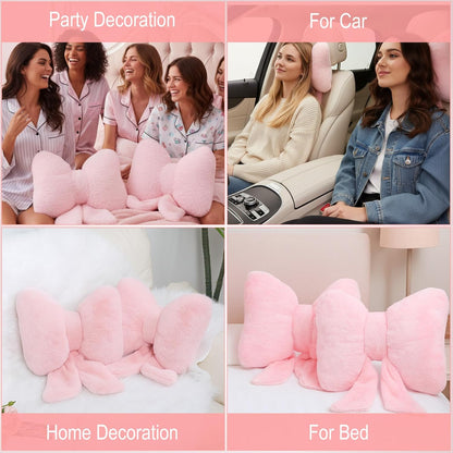 2 Pcs Pink Bow Pillow Faux Fur Throw Pillows Soft Furry Coquette Decorative Cushion Cute Plush Bow Decor for Xmas Girls Home Room Bed Sofa Couch Car Gifts, 8.3 * 10.6 inch