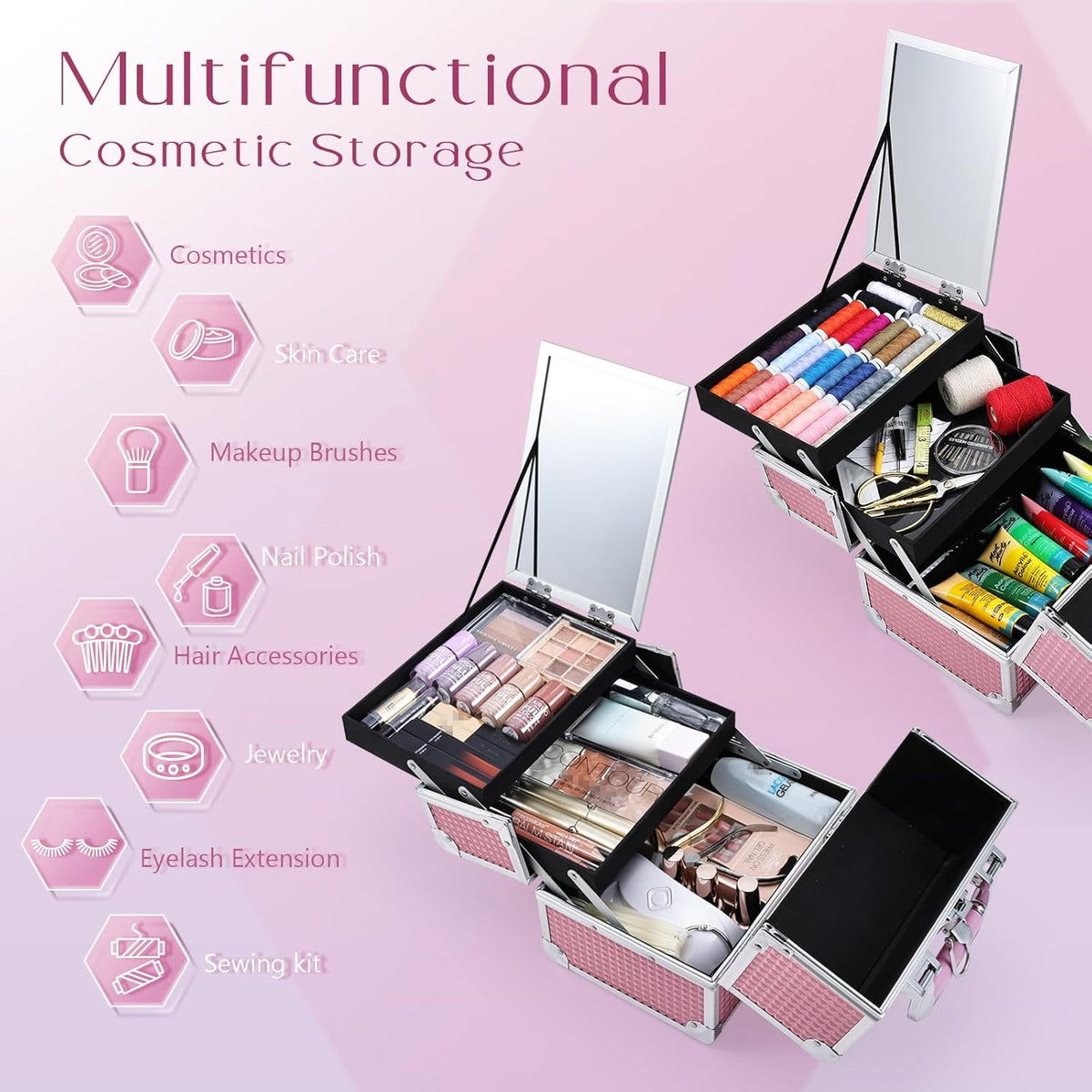 Makeup Case Organizer Makeup Box Cosmetic Train Case with Mirror