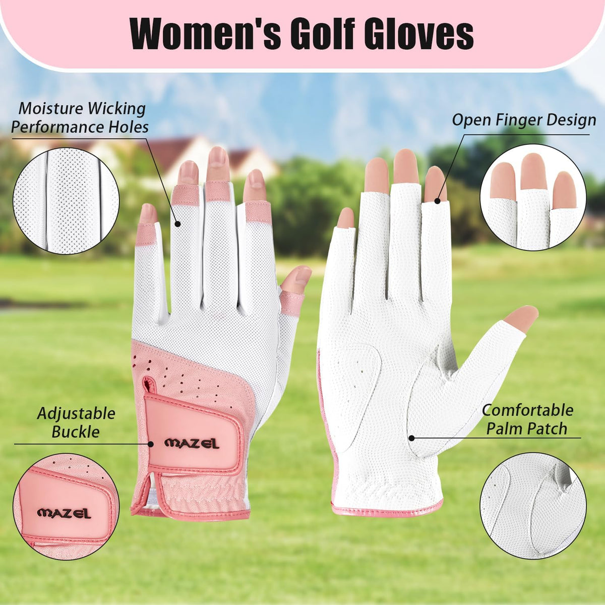 Women's Fingerless Golf Gloves One Pair Open-Finger Design,Breathable Hot Wet Weather Sweat-Absorbing,Fit Size S M L XL