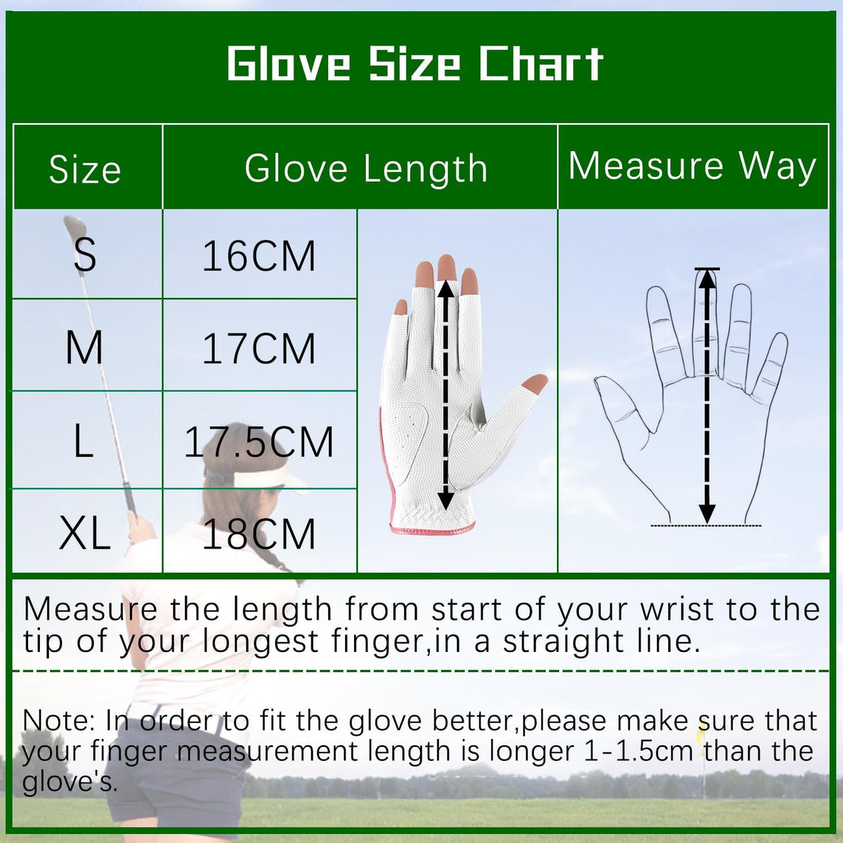 Women's Fingerless Golf Gloves One Pair Open-Finger Design,Breathable Hot Wet Weather Sweat-Absorbing,Fit Size S M L XL
