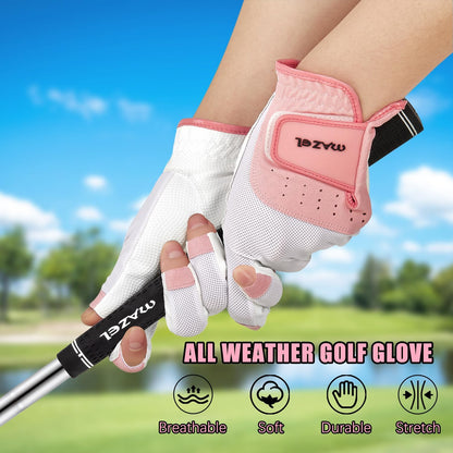 Women's Fingerless Golf Gloves One Pair Open-Finger Design,Breathable Hot Wet Weather Sweat-Absorbing,Fit Size S M L XL
