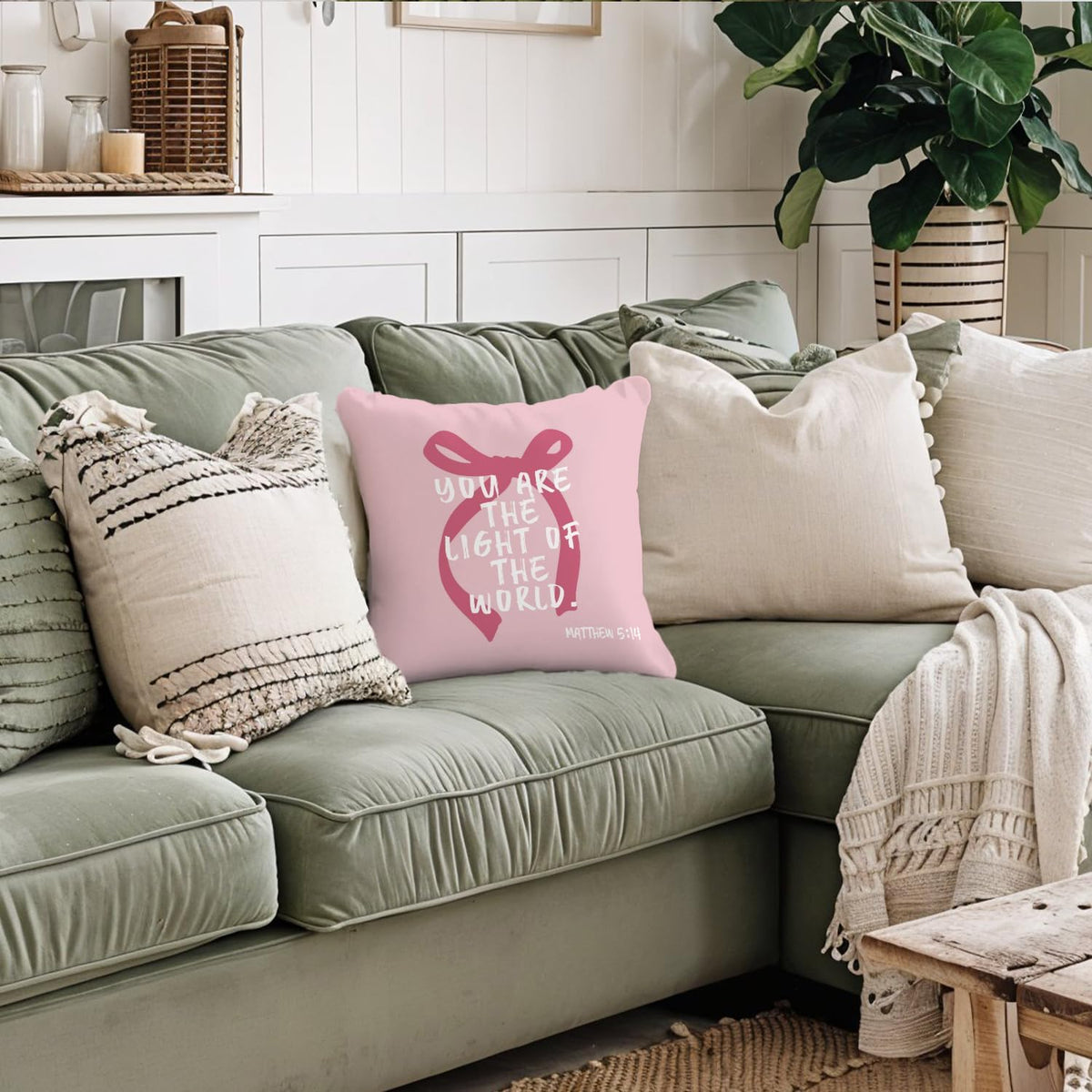 Pink Bow Inspirational Christian Pillow Covers 18x18, Preppy Room Dorm Decor, You are The Light of The World Bible Verse Decorative Throw Pillow Covers Pillowcases for Girls Bedroom Home Decor