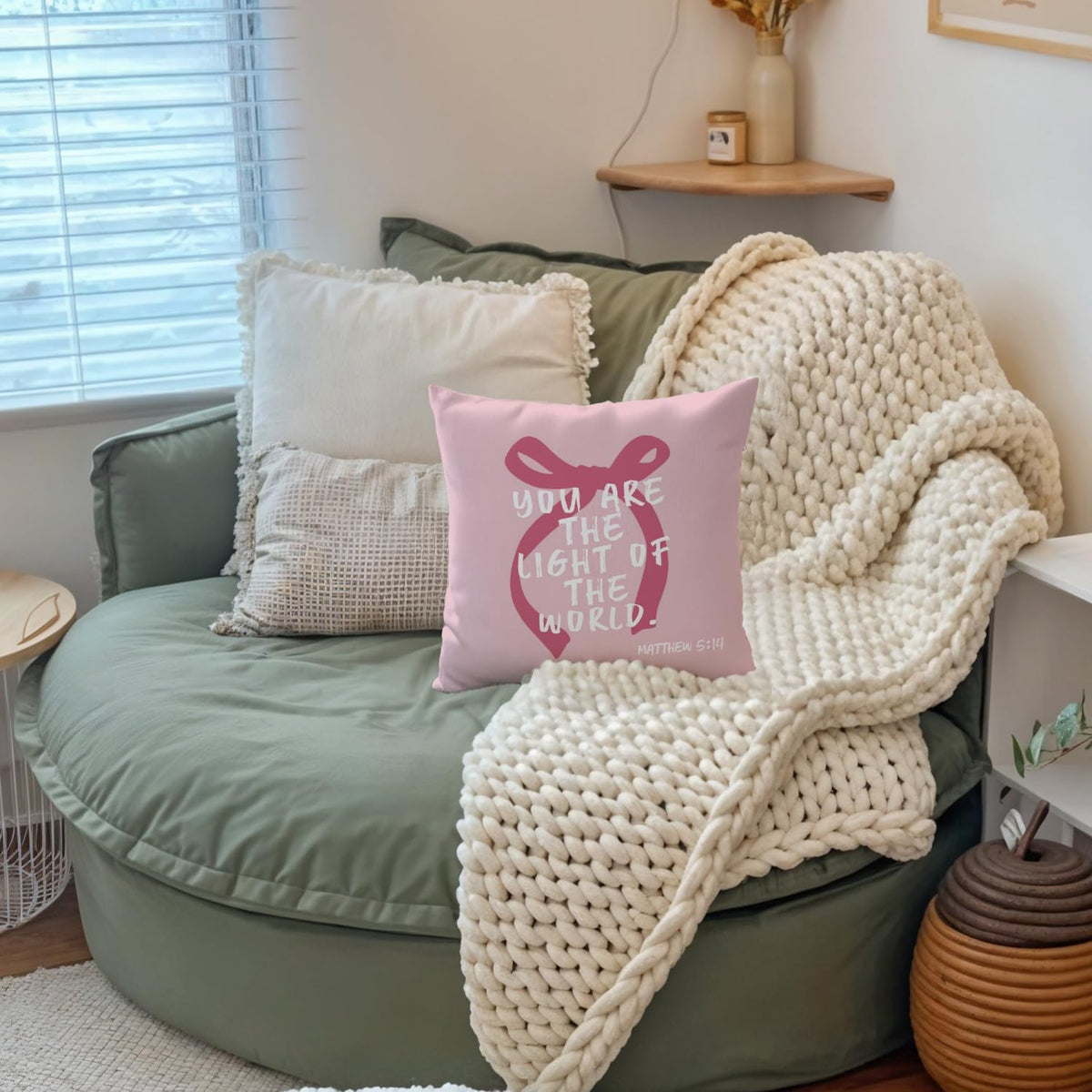 Pink Bow Inspirational Christian Pillow Covers 18x18, Preppy Room Dorm Decor, You are The Light of The World Bible Verse Decorative Throw Pillow Covers Pillowcases for Girls Bedroom Home Decor