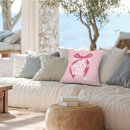 Pink Bow Inspirational Christian Pillow Covers 18x18, Preppy Room Dorm Decor, You are The Light of The World Bible Verse Decorative Throw Pillow Covers Pillowcases for Girls Bedroom Home Decor
