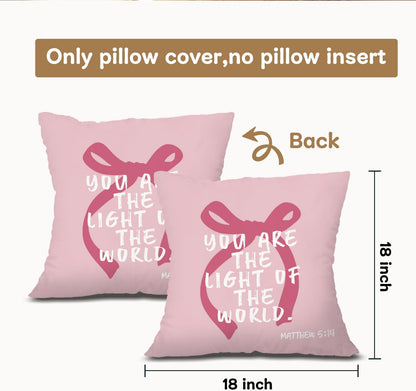 Pink Bow Inspirational Christian Pillow Covers 18x18, Preppy Room Dorm Decor, You are The Light of The World Bible Verse Decorative Throw Pillow Covers Pillowcases for Girls Bedroom Home Decor