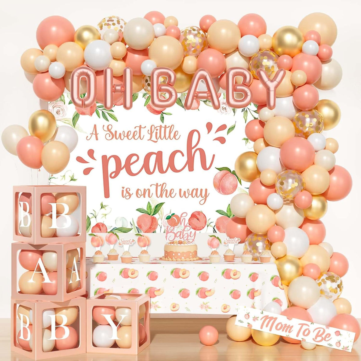 Peach Baby Shower Decorations, A Sweet Little Peach Is on The Way Baby Shower Decorations, Peach Themed Backdrop Balloon Tablecloth Cake Topper Sash for Sweet as a Peach Girls Party