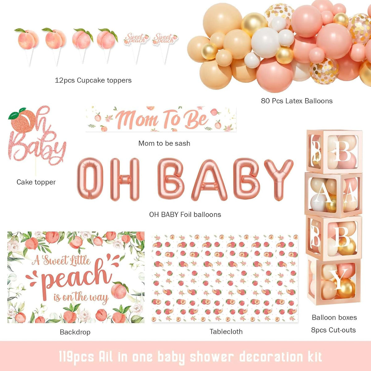 Peach Baby Shower Decorations, A Sweet Little Peach Is on The Way Baby Shower Decorations, Peach Themed Backdrop Balloon Tablecloth Cake Topper Sash for Sweet as a Peach Girls Party