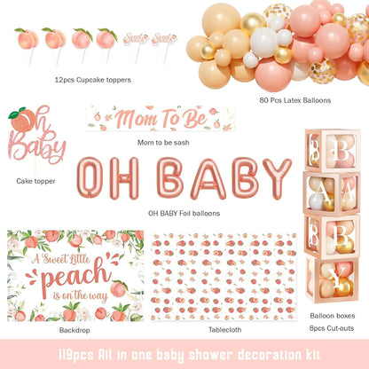 Peach Baby Shower Decorations, A Sweet Little Peach Is on The Way Baby Shower Decorations, Peach Themed Backdrop Balloon Tablecloth Cake Topper Sash for Sweet as a Peach Girls Party