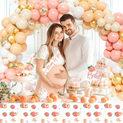 Peach Baby Shower Decorations, A Sweet Little Peach Is on The Way Baby Shower Decorations, Peach Themed Backdrop Balloon Tablecloth Cake Topper Sash for Sweet as a Peach Girls Party