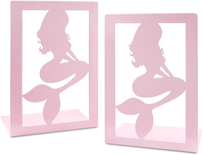Pink Mermaid Bookends for Girls,Cute Mermaid Princess Bookends Metal Book Ends Shelves Organizer Metal Book Stands Journal Book Holder Reading Room Decorative Bookends for Office Home School