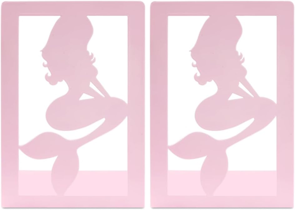 Pink Mermaid Bookends for Girls,Cute Mermaid Princess Bookends Metal Book Ends Shelves Organizer Metal Book Stands Journal Book Holder Reading Room Decorative Bookends for Office Home School