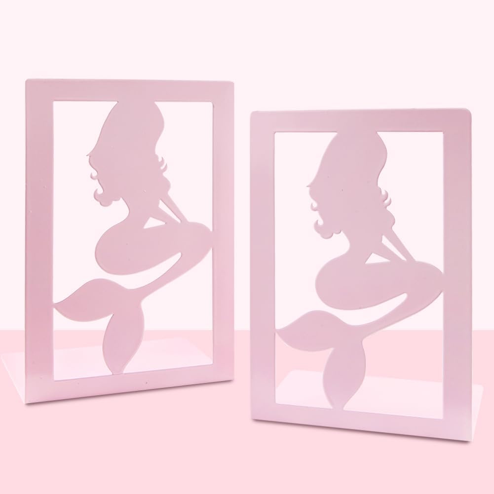 Pink Mermaid Bookends for Girls,Cute Mermaid Princess Bookends Metal Book Ends Shelves Organizer Metal Book Stands Journal Book Holder Reading Room Decorative Bookends for Office Home School