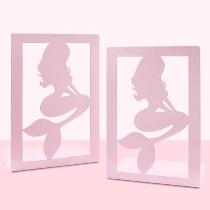 Pink Mermaid Bookends for Girls,Cute Mermaid Princess Bookends Metal Book Ends Shelves Organizer Metal Book Stands Journal Book Holder Reading Room Decorative Bookends for Office Home School