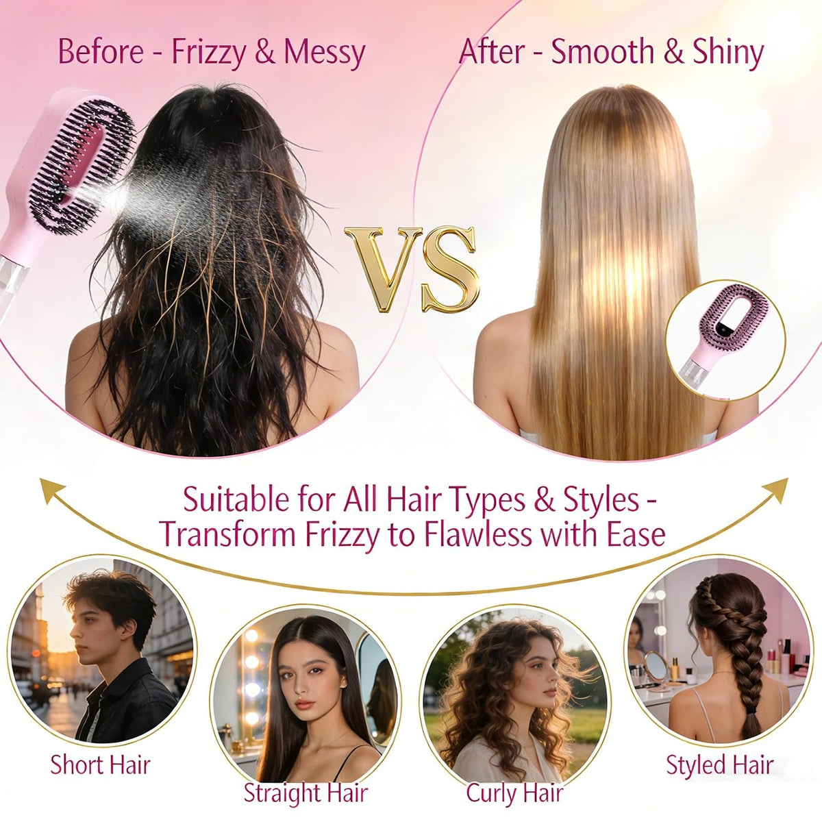 2-in-1 Manual Detangling Hair Brush with 50ml Spray Bottle (1 Pink)