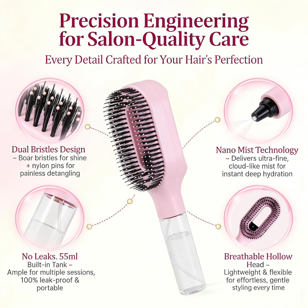 2-in-1 Manual Detangling Hair Brush with 50ml Spray Bottle (1 Pink)